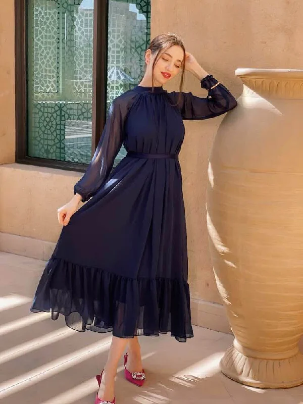 Women's Outfit Catch Every Fashion Trend Aria - Navy Blue Chiffon Dress