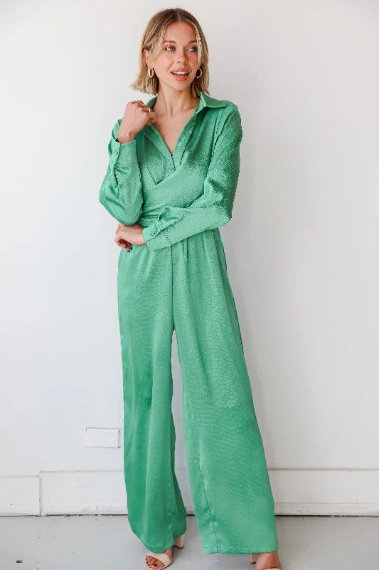 Women's Clothing Outfit Set Style Redefined FINAL SALE - Irresistibly Chic Green Satin Jumpsuit