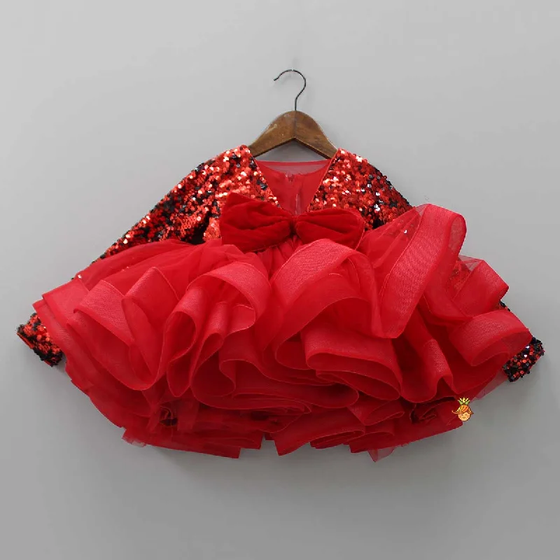 Women's Outerwear Attire Fashion Frontiers Elegant Red Sequined Bow Dress