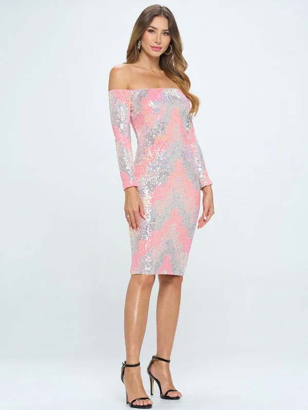 Women's Functional Outdoor Garments Explore What'S New WOMEN'S LONG SLEEVE OFF SHOULDER BODYCON MULTI SEQUINS MIDI DRESS