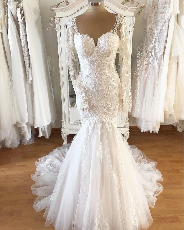 Women's Contemporary Apparel Unleash Your Trendy Side Mermaid V-back Long Sleeve Lace Wedding Dress