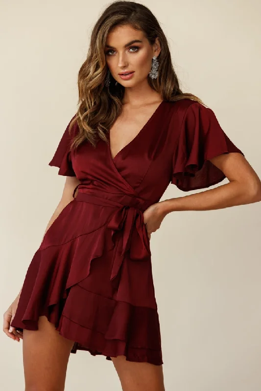 Women's Professional Garments Clearance Event Cami Angel Sleeve Faux Wrap Dress Wine