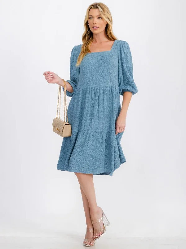 Women's Stylish Outdoor Outfit Contemporary Chic Promotions WOMEN'S 3/4 SLEEVE SQUARE NECK TIERED POCKETS  MIDI DRESS