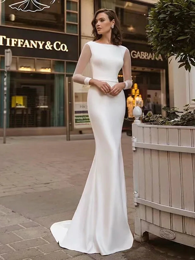 Women's Comfortable Lounge Attire Mega Sales Wedding Dresses  Mermaid Trumpet Long Sleeve Jewel Neck Satin With Solid