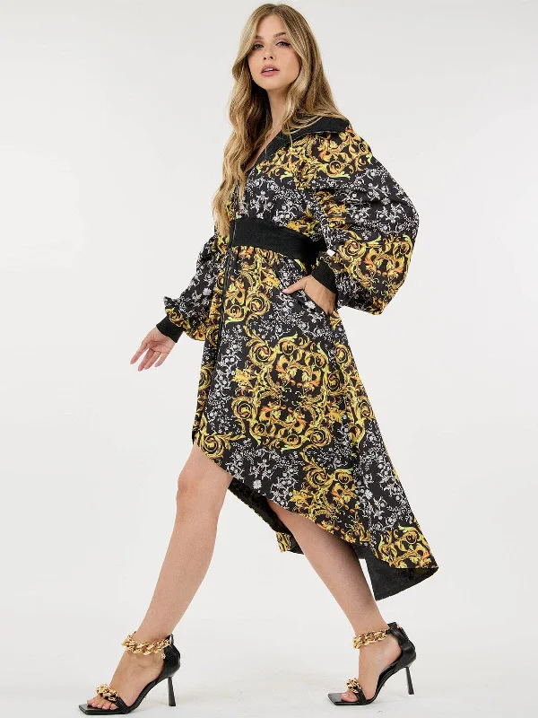 Women's Holiday Apparel Daily Deals WOMEN'S LONG SLEEVE ZIP UP MULTI PRINT TUNIC POCKETS HIGH-LOW MIDI DRESS