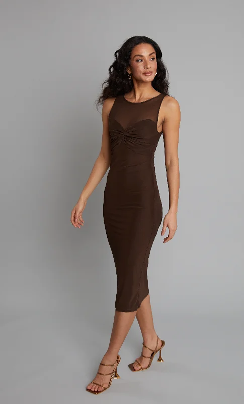 Casual Chic Women's Clothes Seasonal Trends Brown Mesh Twist Bust Midi Dress