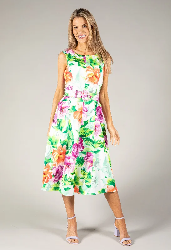 Women's Tailored Outfit Bold Fashion Sales Floral Belted A-Line Midi Dress