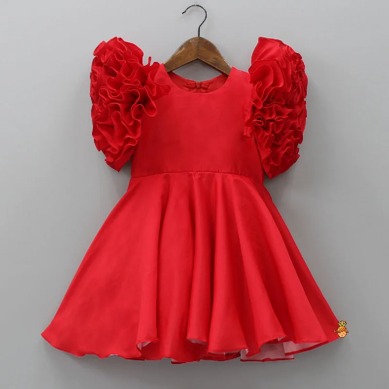 Women's Chic Outerwear Attire Casual Chic Deals Red Ruffled Sleeves Dress