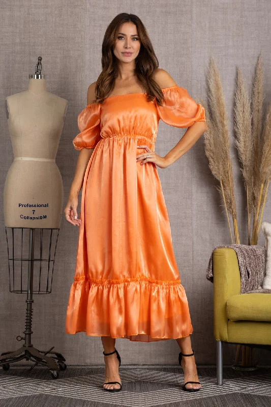 Women's Trendy Outfit Chic Trends Unveiled M10224W-CORAL OFF SHOULDER RUFFLE TIERED MAXI DRESS