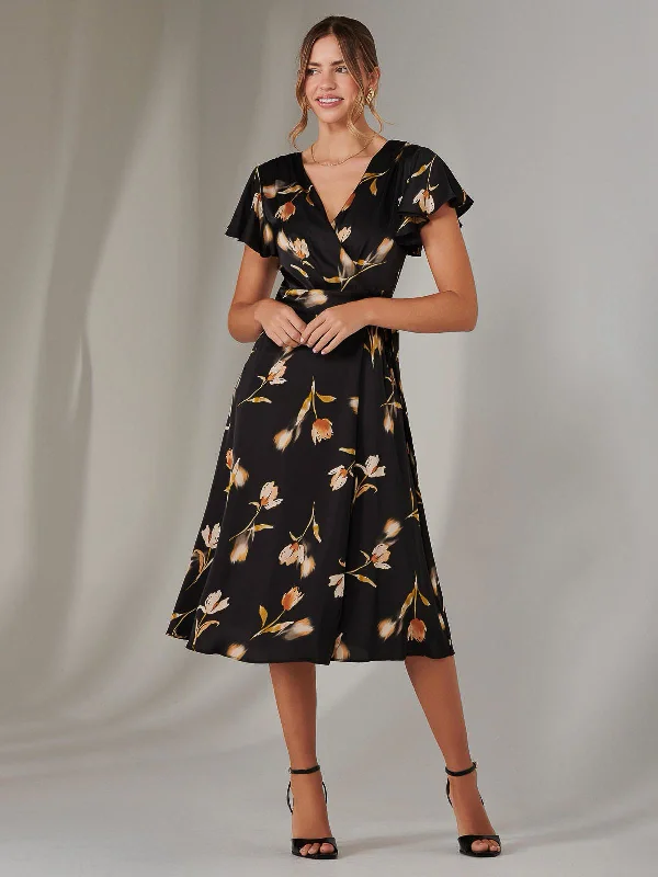 Vintage-Inspired Garments Hot Sale Wrap Front Midi Dress, Black Floral