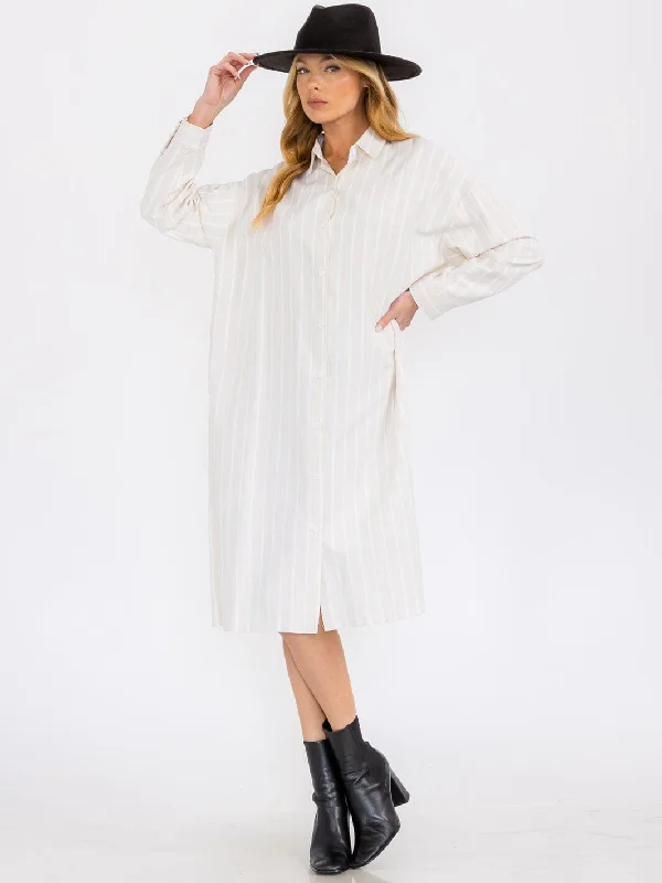 Women's Occasion Wear Clothing Trendy Street Style WOMEN'S LONG SLEEVE BUTTON UP DTRIPES TUNIC MIDI DRESS