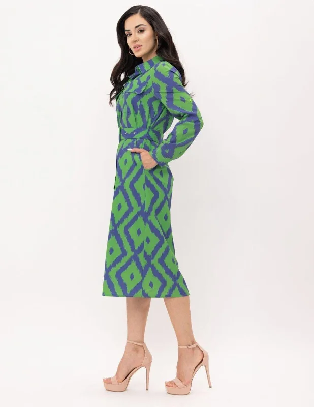 Women's Casual Wear Outfit Sporty Fashion Offers WOMEN'S LONG SLEEVE BUTTON UP POCKETS BELTED PRINTED MIDI DRESS