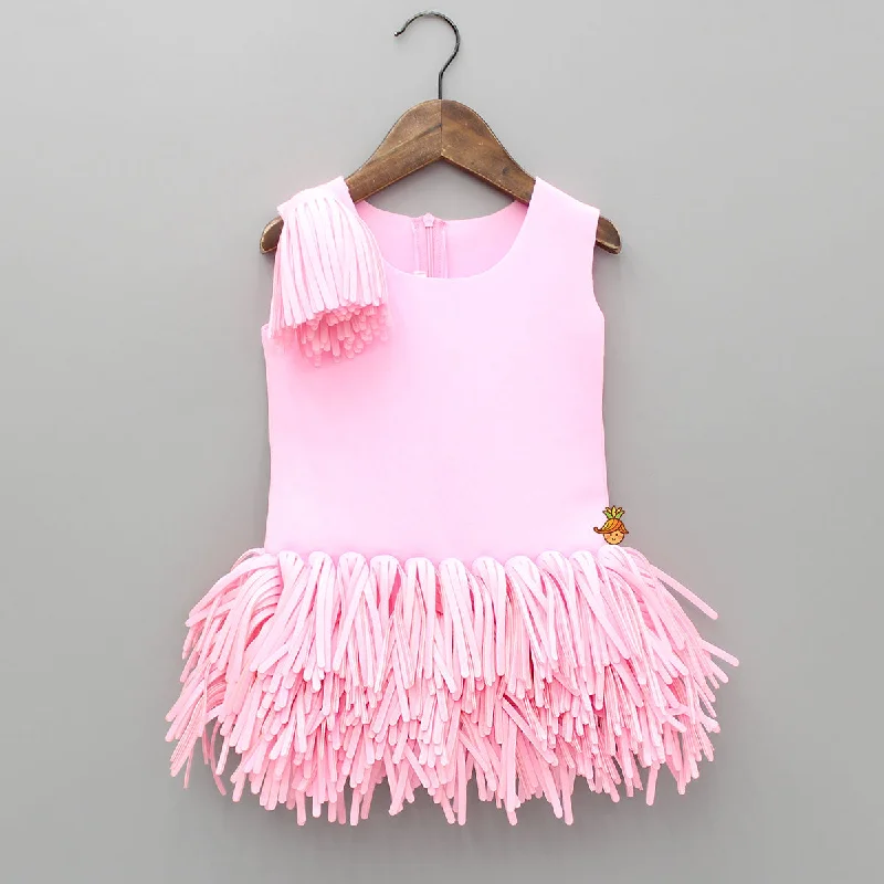 Sustainable Women's Clothing Hot Items Pink Scuba Dress With Detachable Fringes Flower Broach