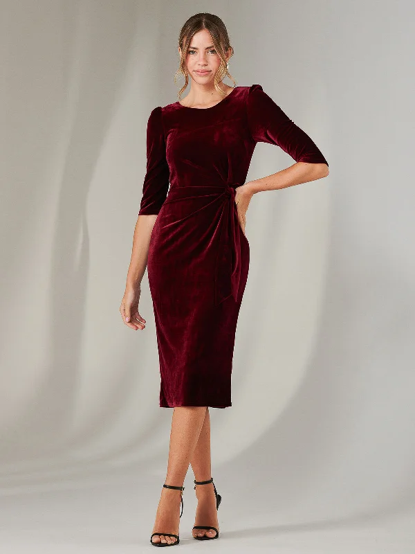 Women's Seasonal Clothing Must-Have Style Discounts Velvet Side Tie Midi Dress, Burgundy