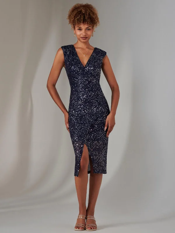 Women's Urban Clothing Premium Fashion Deja Sequin Midi Dress With Slit, Navy Silver