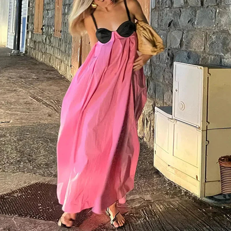 Women's Layered Outfit Durable Fashion Picks Backless Pink Sleeveless Loose Slip Panelled Bandage Maxi Dress