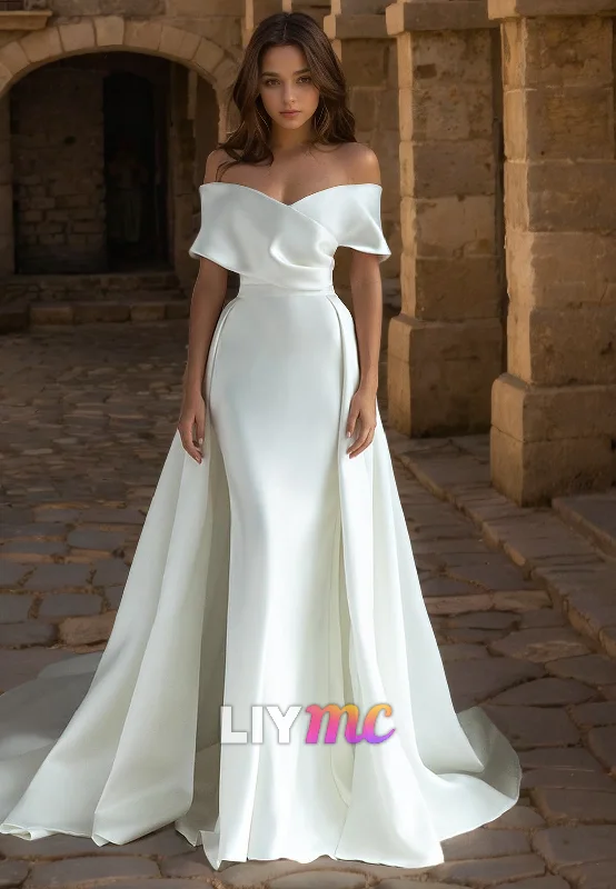 Women's Occasion Wear Clothing Casual Yet Chic Sales LW512 - Sheath Off Shoulder Draped Floor-Length Boho Wedding Dress with Overlay