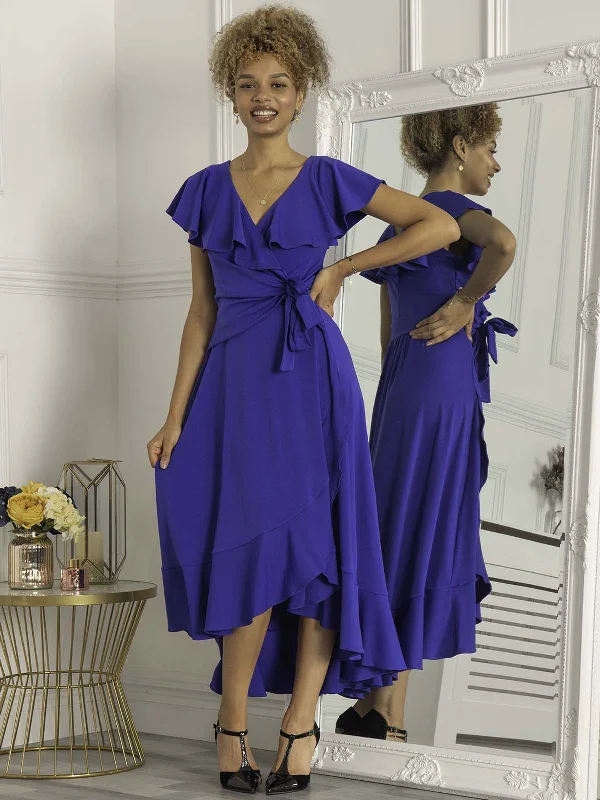 Fashion-Forward Women's Clothing Chic Style, Always In Vogue Priya Frill Dipped Hem Dress, Royal Blue