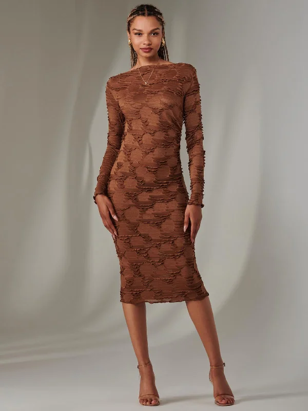 Women's Sporty Chic Clothes Trend Leading Collection Long Sleeve Textured Midi Dress, Dark Brown