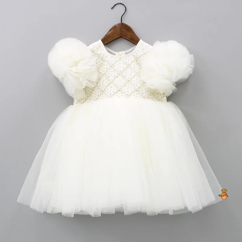 Women's Apparel Smart Casual Deals Checks Embroidered Yoke Off White Dress With Back Sequined Bow