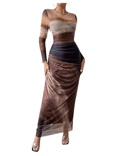 Women's Weekend Outfit Hot Brand Discounts BEAUDRM Women's Tie Dye Ruched Long Sleeve Dress Mesh Slim Fit Bodycon Maxi Dresses Coffee Brown Small