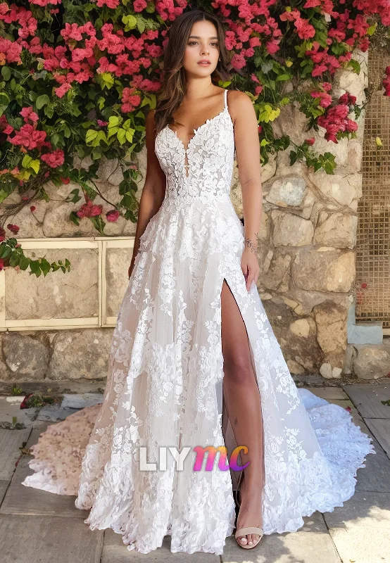 Women's Chic Outerwear Outfit Budget Friendly LW055 - A Line Spaghetti Straps Lace Side Slit Boho Long Wedding Dress