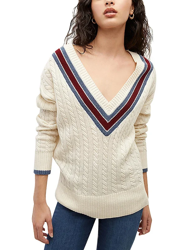 Women's Travel Apparel Relaxed Style Womens Cable-Knit Ribbed Trim V-Neck Sweater