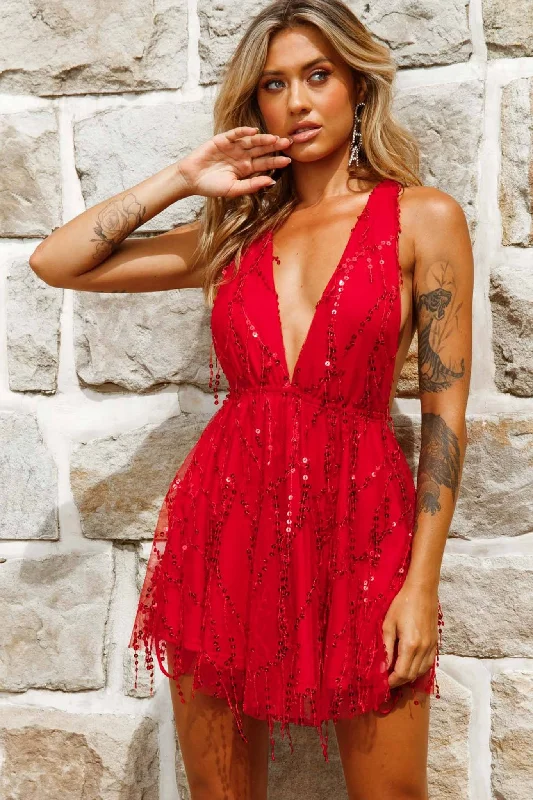 Women's Effortless Casual Outfit Style Redefined Ariana Sequin Mini Party Dress Red