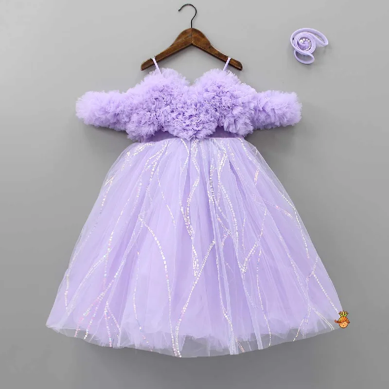 Women's Professional Attire New Season Fashion Preview Exquisite Ruffled Lavender Gown With Matching Hair Clip