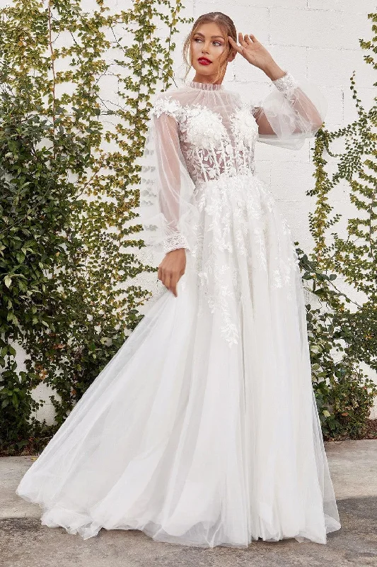 Women's Transitional Clothes Fashion-Forward Cinderella Divine A1074W Long Sleeve Sheer A Line Wedding Gown