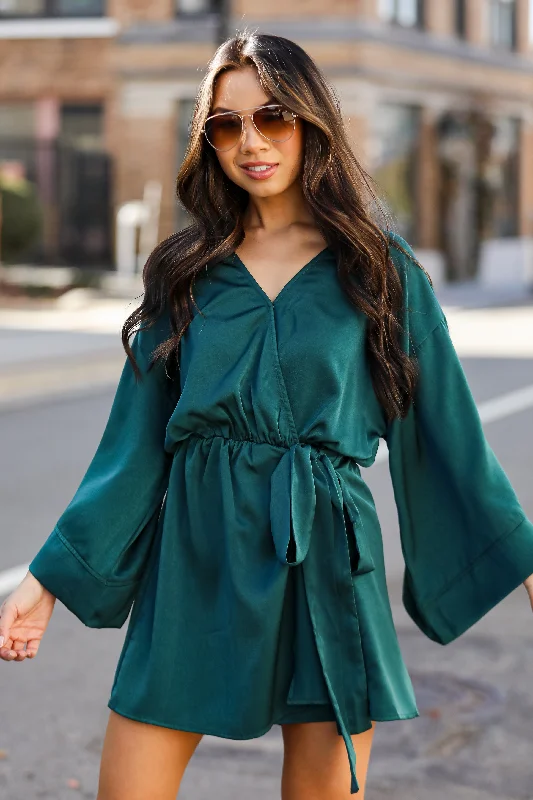 Women's Transitional Garments Timeless Elegance Sale FINAL SALE - Superior Shine Hunter Green Satin Romper