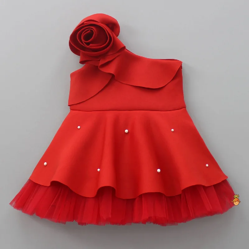 Modern Women's Attire Style Breakthroughs Rose Embellished Frilly Red Scuba Dress