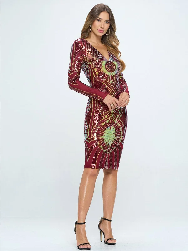 Women's Occasion Wear Apparel Fashion Frontiers WOMEN'S LONG SLEEVE V-NECK  BODYCON SEQUINS MIDI DRESS