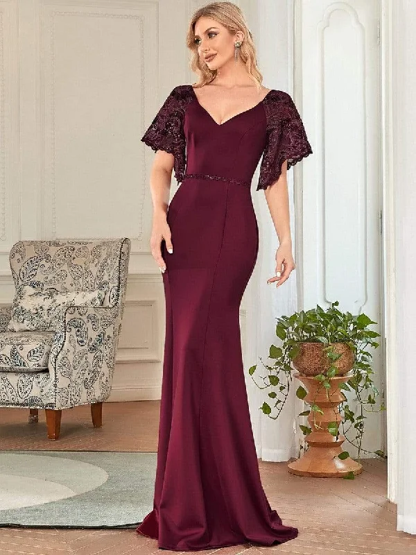 Women's Formal Event Outfit End-Of-Season Clearance Sexy V Neck Maxi Bodycon Party Dress with Flare Sleeves