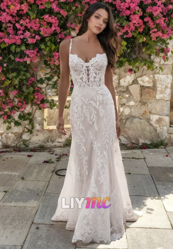 Women's Relaxed Outfit Sleek Style Discounts LW313 - Plunging Illusion V Neck Lace Appliques Mermaid Wedding Dress