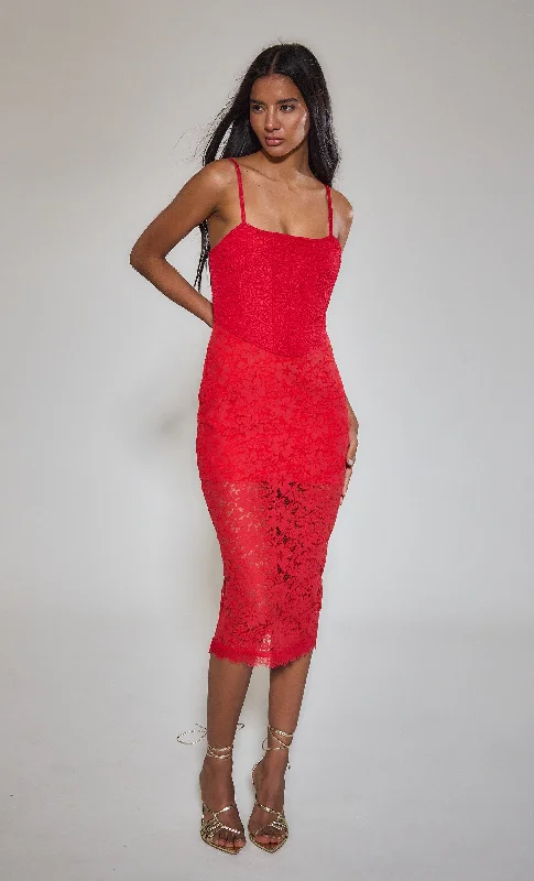 Women's Apparel And Garments Trendy Threads Red Lace Midi Corset Dress