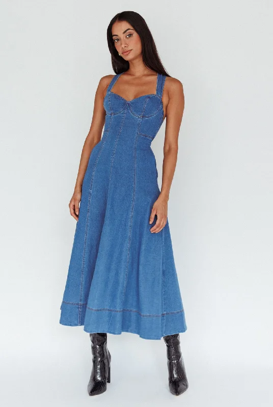 Women's Athleisure Apparel Exclusive Fashion Deals Ellora Criss-Cross Back Denim Maxi Dress Navy