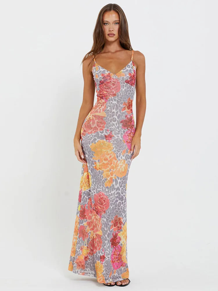 Modern Women's Apparel Evening Elegance FashionSierra - Print Backless Sexy Maxi Dress Sleeveless Floral Dress