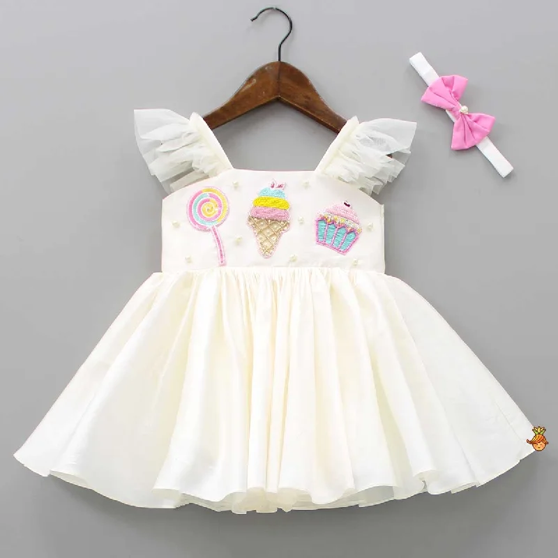 Women's Work Outfit Hot Picks Off White Candies Embroidered Dress With Contrasting Pink Head Band