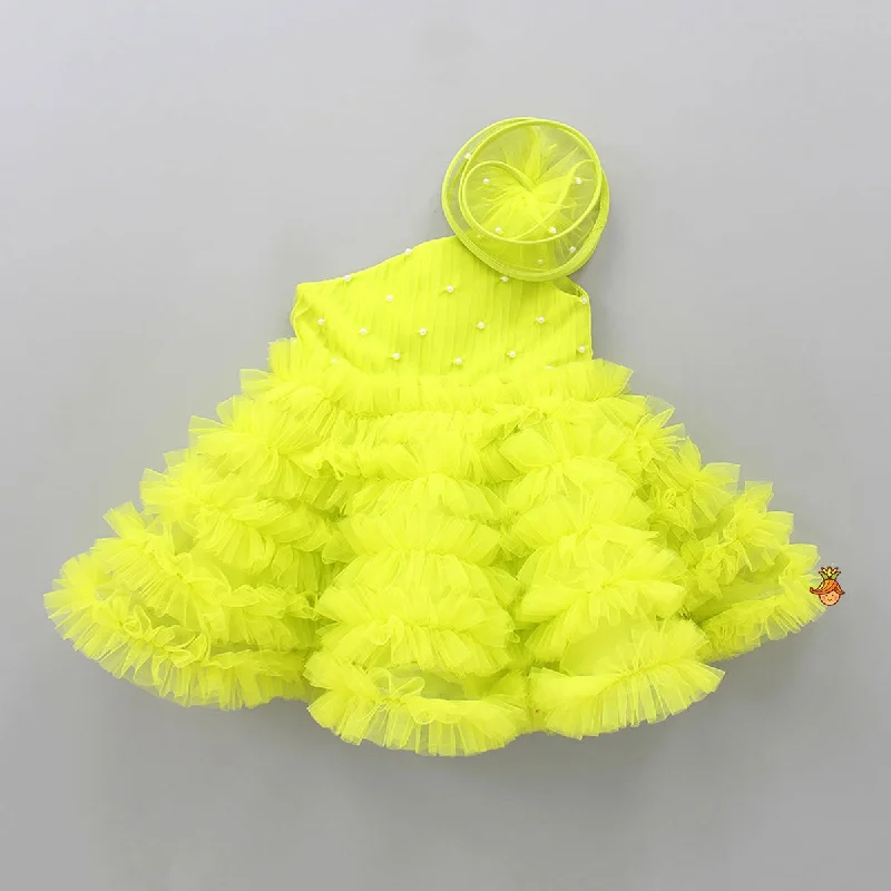 Luxury Women's Clothing Hot Picks Swirl Frilled One Shoulder Lime Green Dress