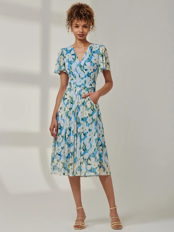 Women's Fashion-Forward Apparel Clearance Event Kairi Floral Print Mesh Midi Dress, Blue Floral