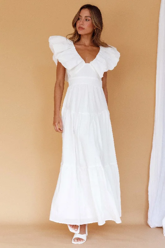 Stylish Women's Garments For Holidays Easy Elegance Sales Kahlo Puffed Ruffle Neckline Maxi Dress White