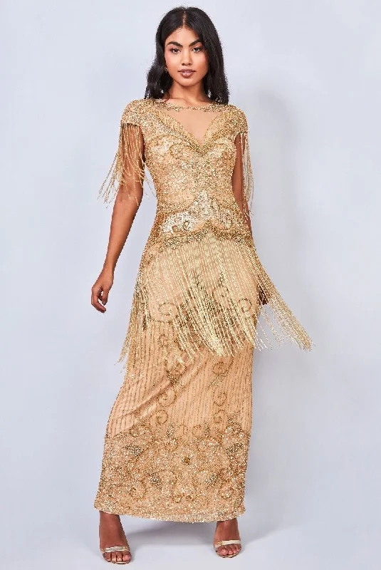 Elegant Clothing For Women Style Revolution Ethel 1920s Evening Maxi Fringe Gown in Gold