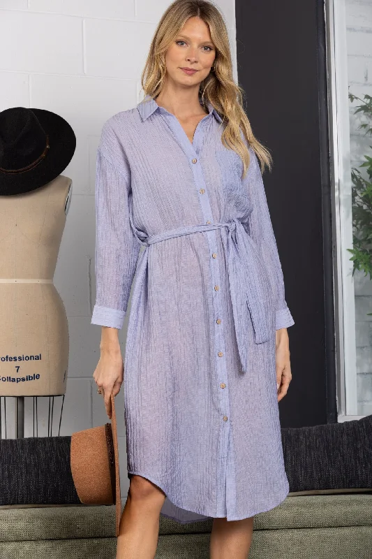 Women's High-End Clothing Stay Ahead In Style DUSTY BLUE COLLARED LINEN LONG SLEEVES MAXI DRESS-D9287