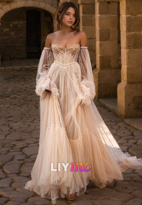 Women's Clothing And Garments Sets Stupidly Low Prices LW401 - Sweetheart Long Puff Sleeves Beaded Tiered Tulle Long Wedding Dress