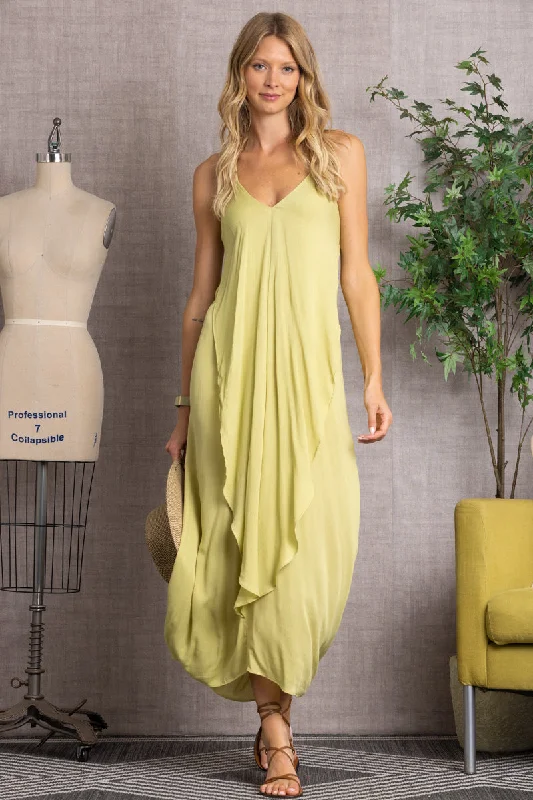 Women's Work Outfit For The Office Hot Styles GREEN DEEP V-NECK RUFFLED MAXI DRESS-ND30864