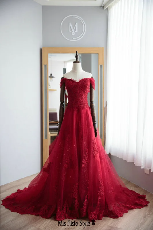 Vintage-Inspired Women's Clothes Fashion Forward, Function First A line Off Shoulder Sleeve Deep Red Lace Wedding Dress