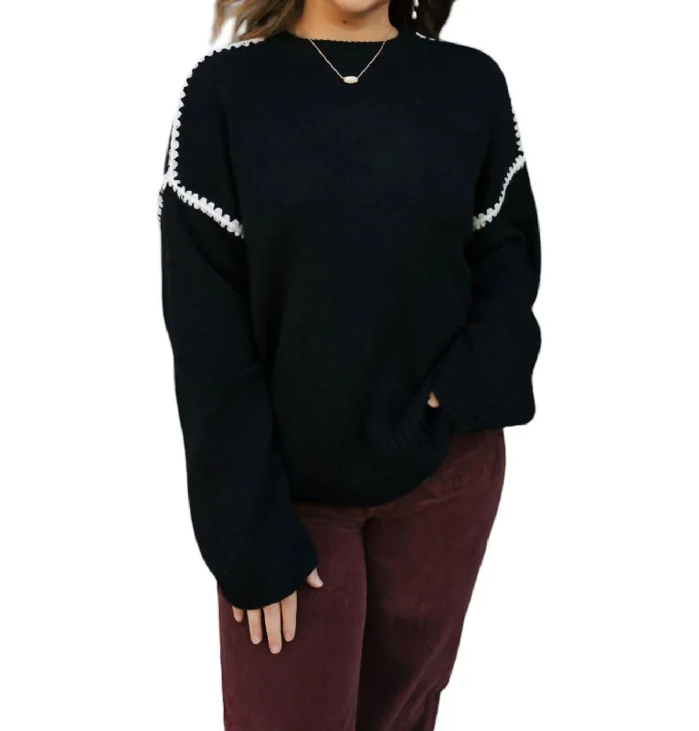 Women's Urban Clothing High-End Style Discounts Contrast Stitch Sweater In Black/cream