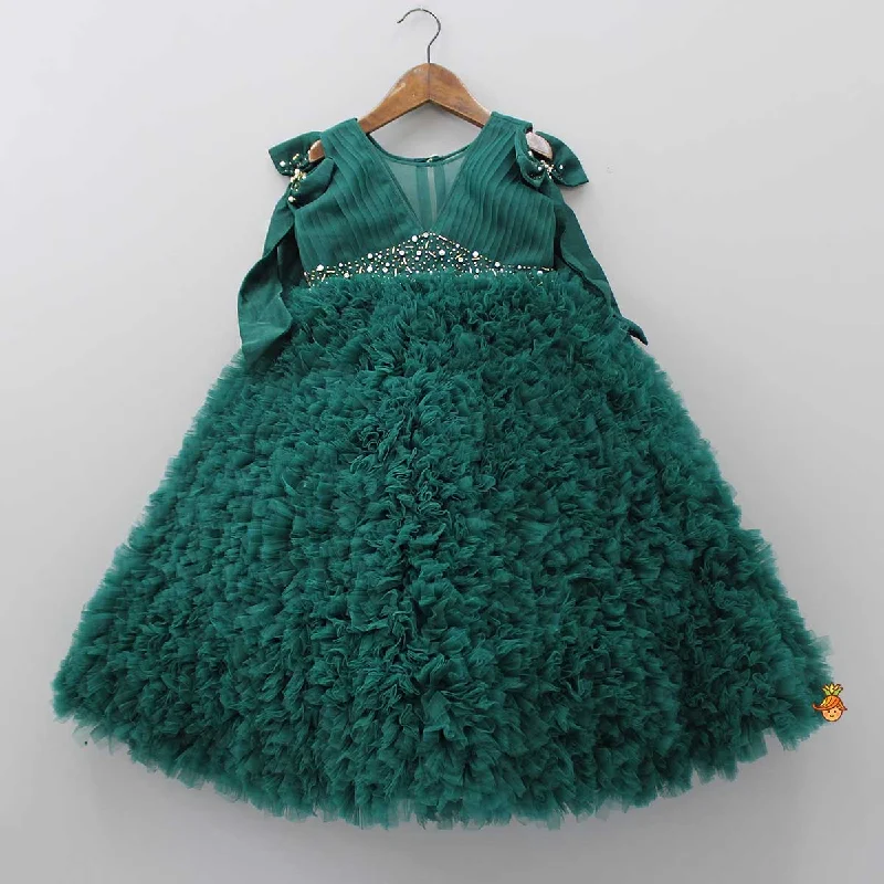 Women's Luxury Attire Unleash Your Trendy Side Pleated Yoke Ruffled Green Fancy Gown