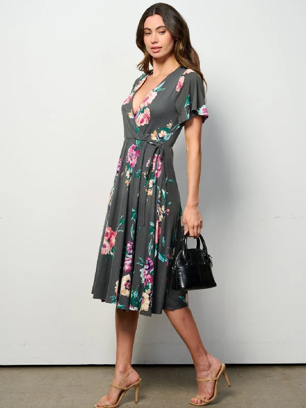 Women's Activewear Outfit Urban Elegance Deals WOMEN'S SHORT SLEEVE SURPLICE ELASTIC WAIST FLORAL MIDI DRESS